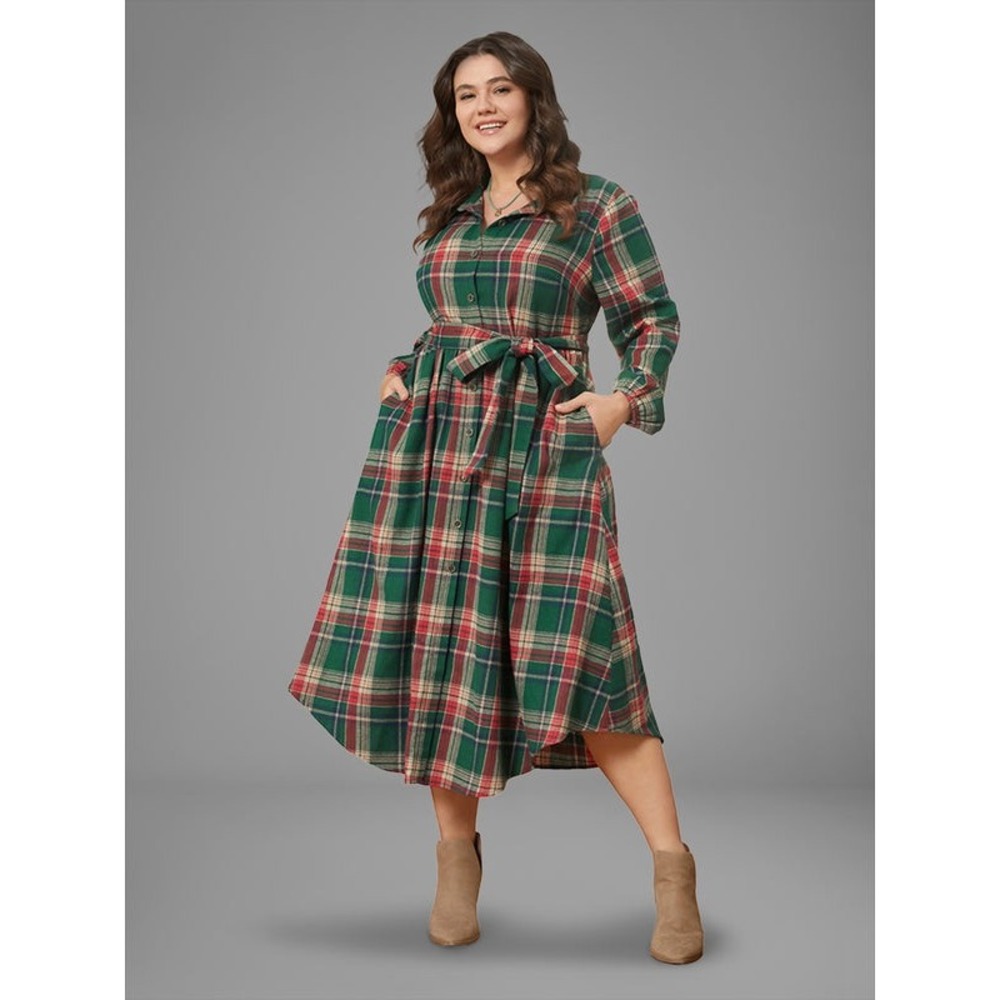 Christmas BloomChic Plaid Button Midi Shirt Dress Women 14-16 Green Red Belted